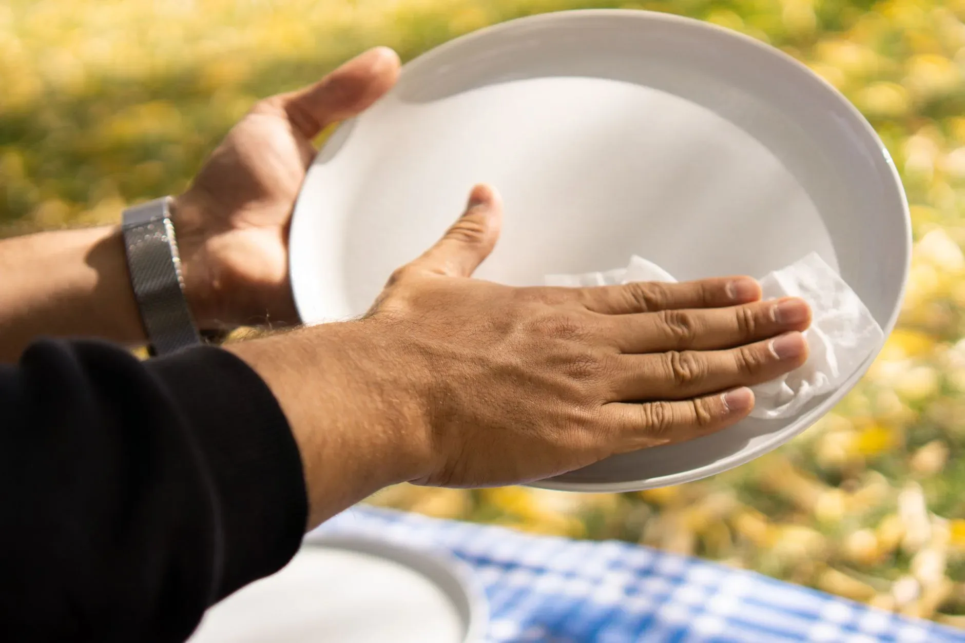 Close-up of a man\'s hands cleaning a plate outdoors with a napkin during a picnic in a sunny park.