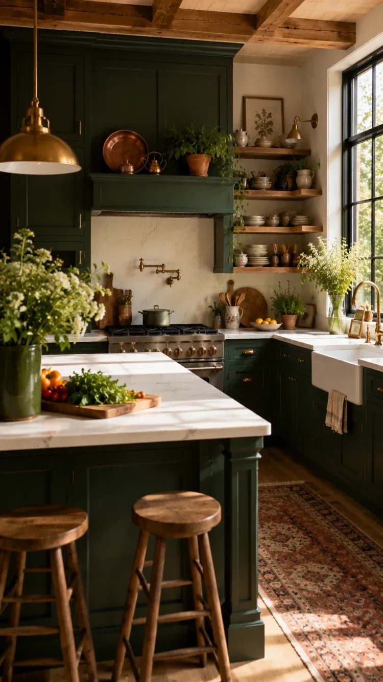 Vertical view of a stylish kitchen island with pendant lighting