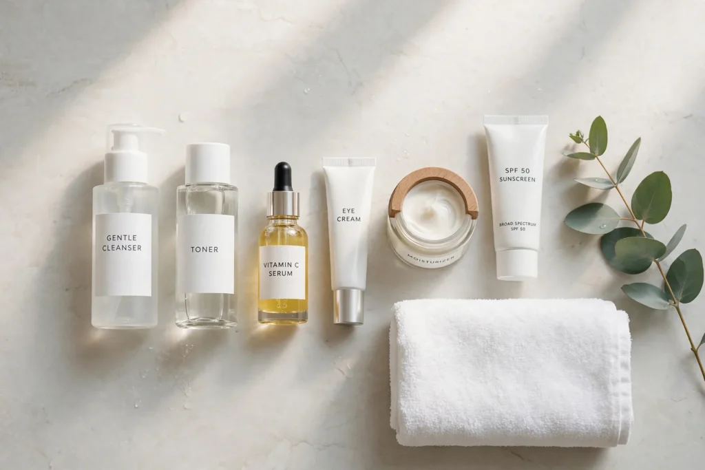 Morning skincare routine flat lay of products on a bathroom counter in morning light