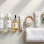 Morning skincare routine flat lay of products on a bathroom counter in morning light