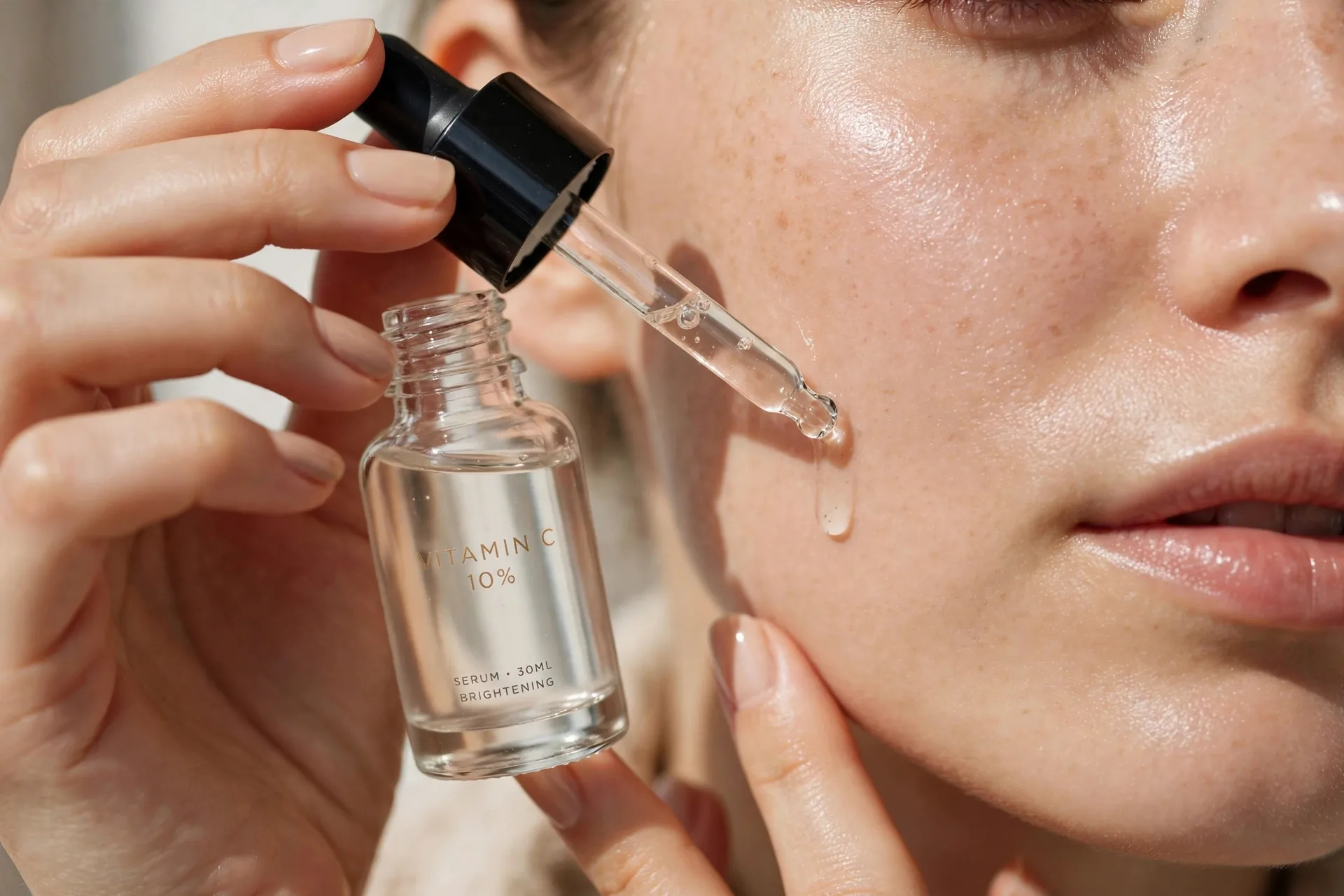Hands applying vitamin C serum to cheek