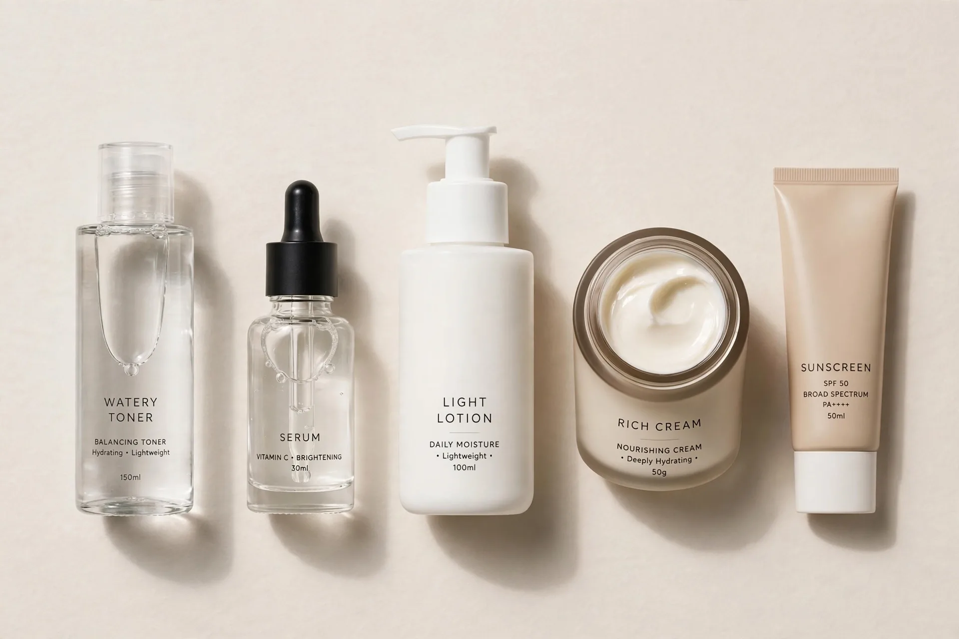 Skincare products lined up from thinnest to thickest on a beige background