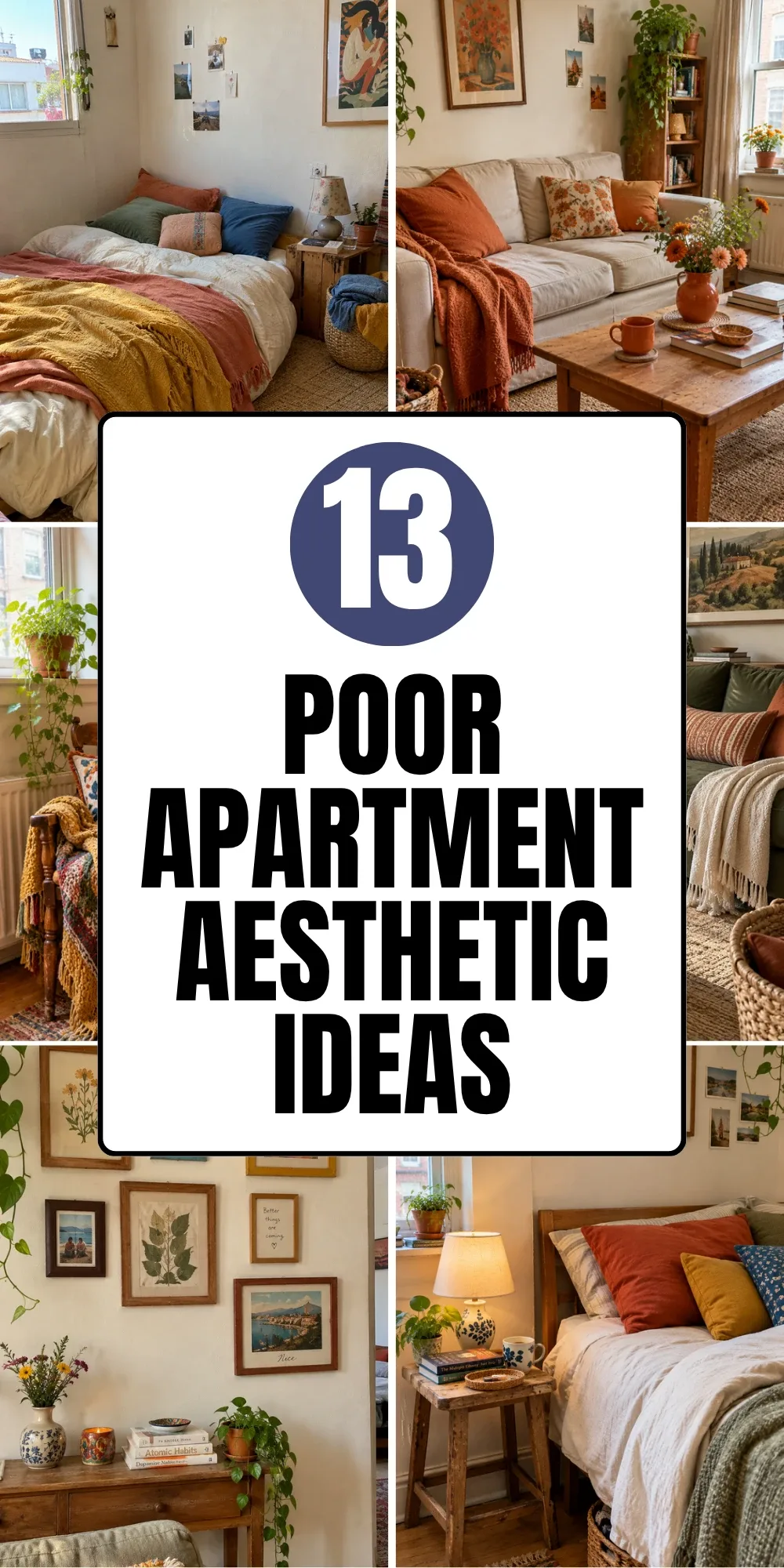 Cozy small apartment living room decorated on a budget with thrifted furniture and warm lighting