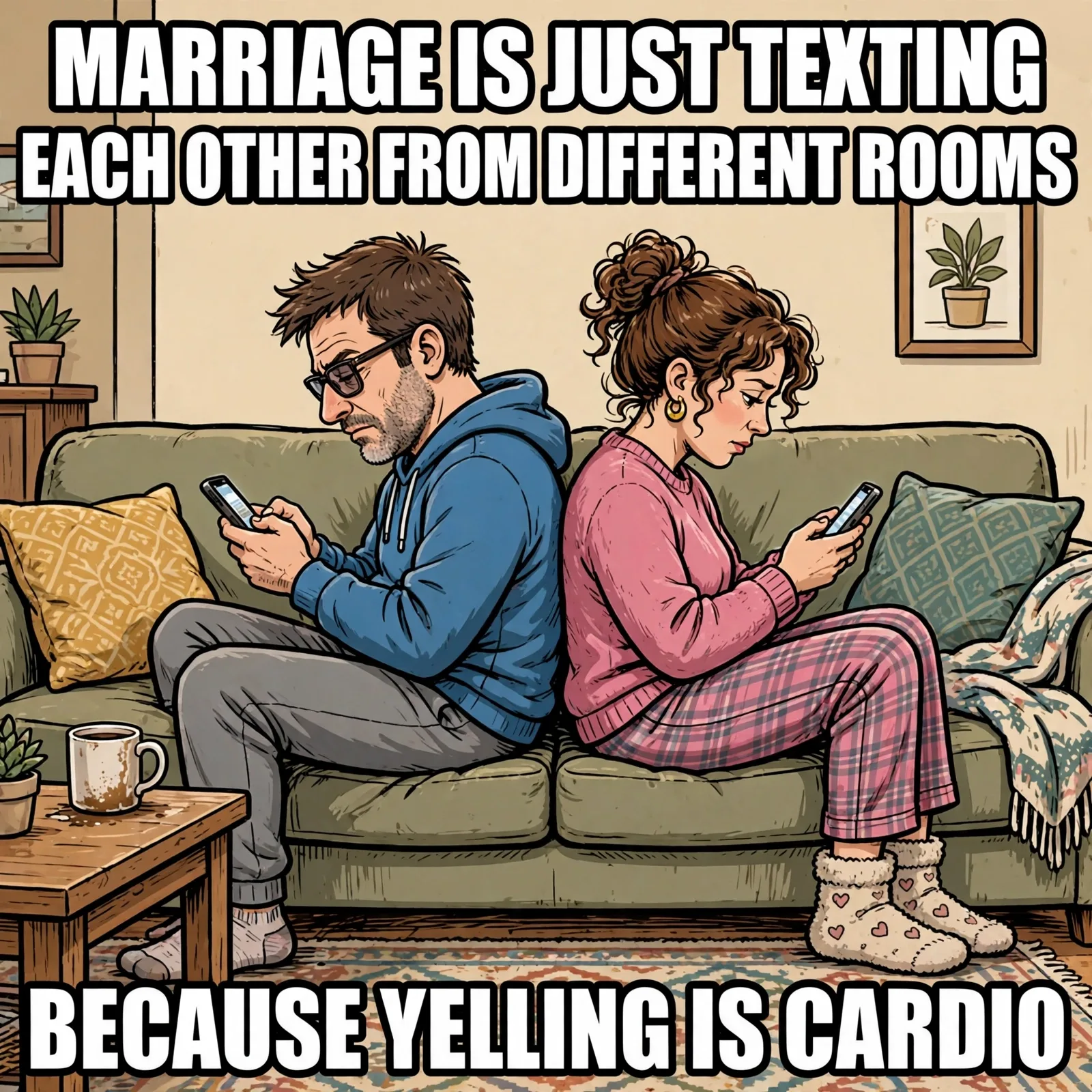 Original funny marriage meme graphic: 'Marriage is just texting each other from different rooms because yelling is cardio'
