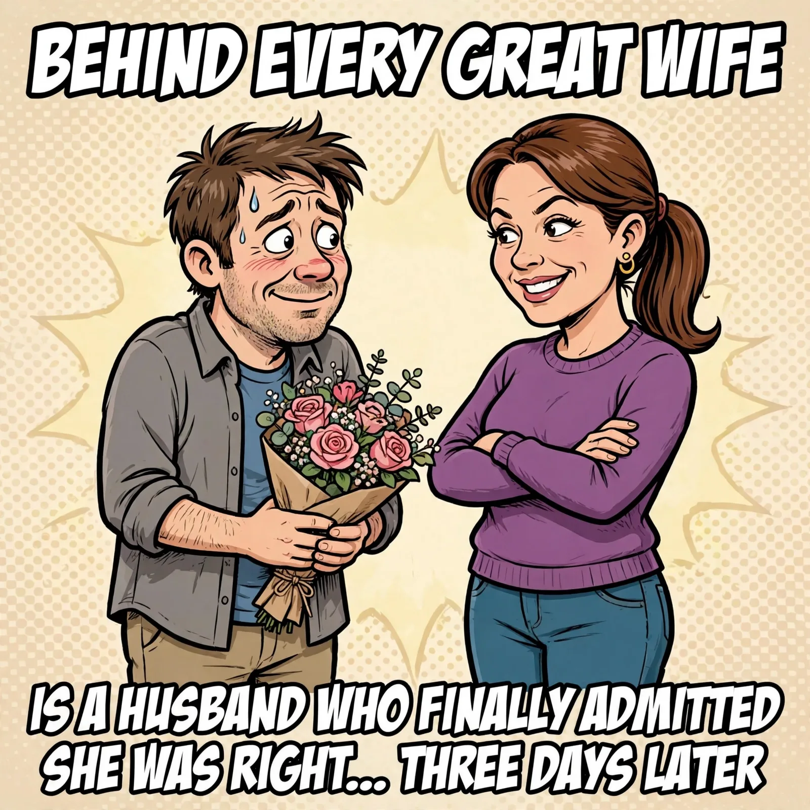 Original funny marriage meme graphic: 'Behind every great wife is a husband who finally admitted she was right three days later'