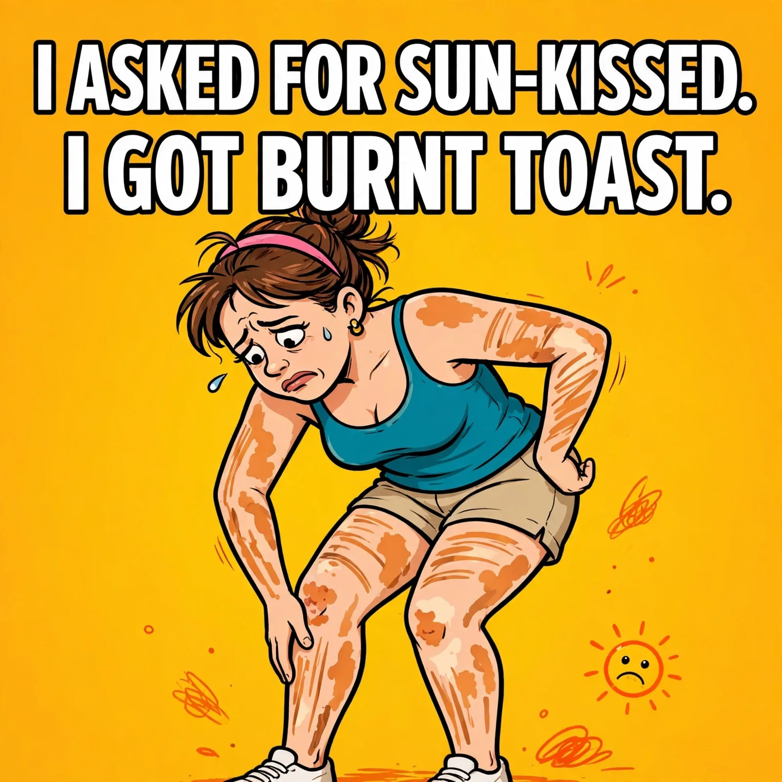 Original funny beauty fail meme graphic: 'I ASKED FOR SUN-KISSED. I GOT BURNT TOAST.' with a funny illustration of a streaky self-tanner fail