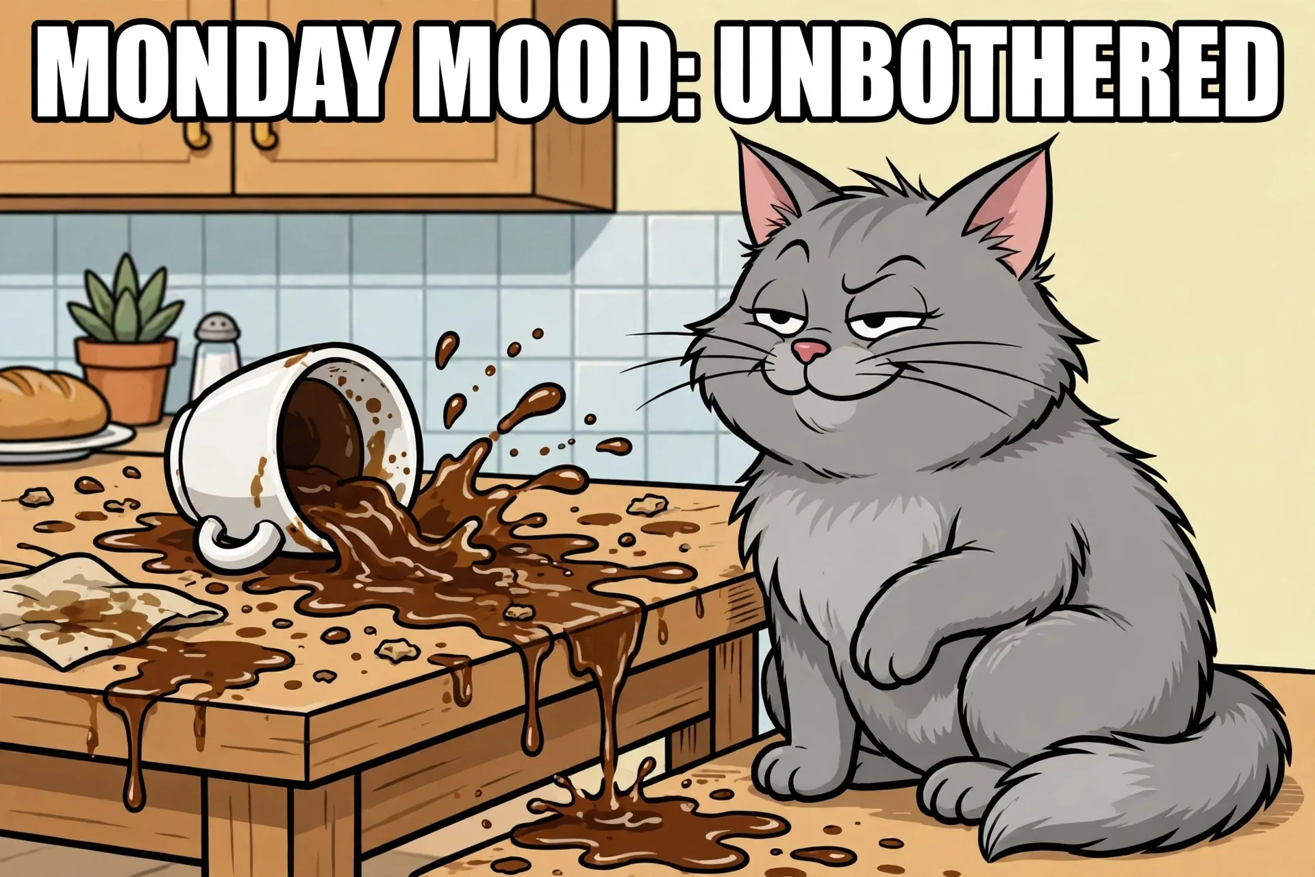 Original funny cat meme graphic: 'MONDAY MOOD: UNBOTHERED' with a smug gray cat next to a spilled coffee cup
