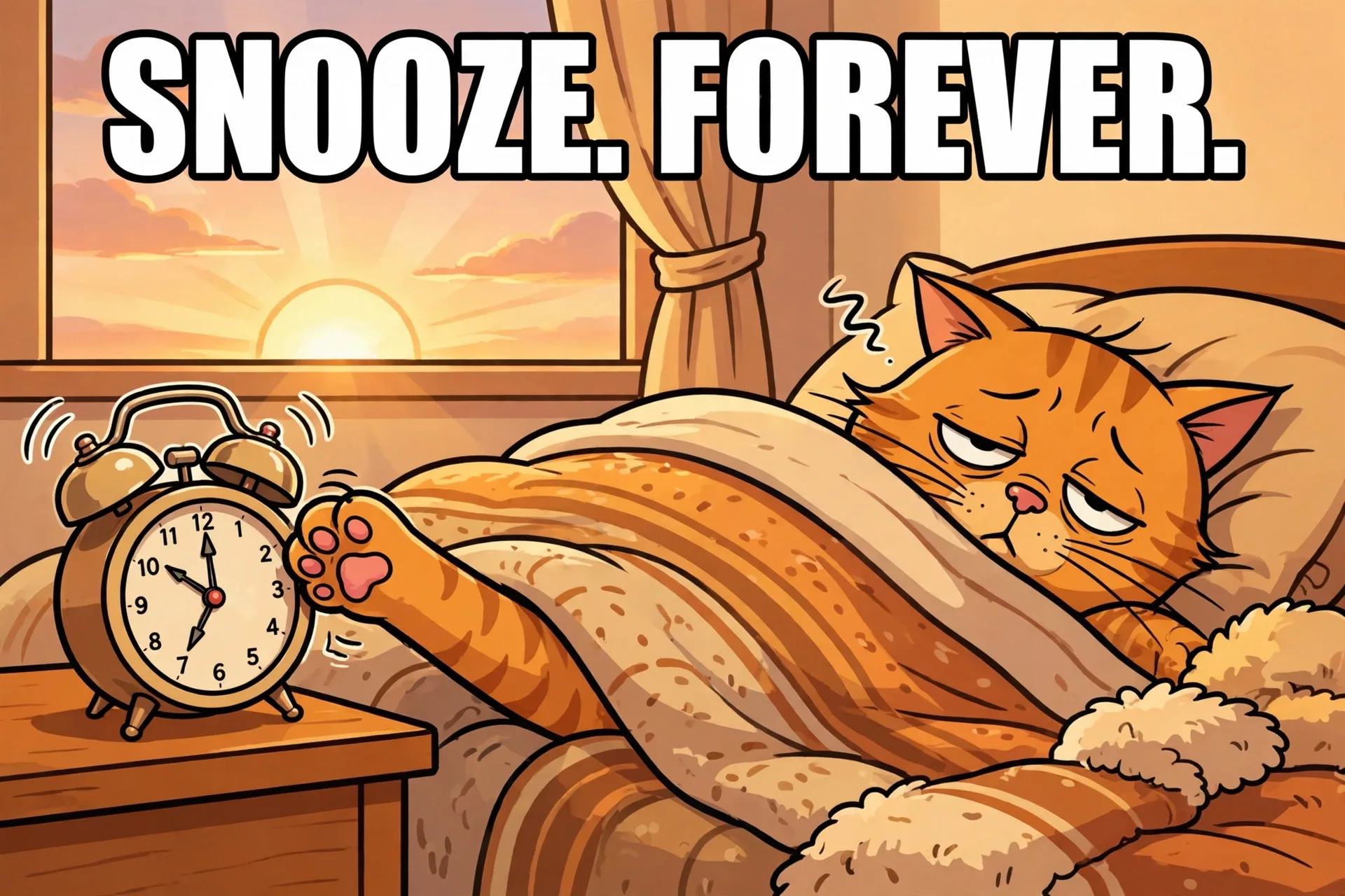 Original funny cat meme graphic: 'SNOOZE. FOREVER.' with a sleepy orange cat in bed hitting the snooze button on an alarm clock