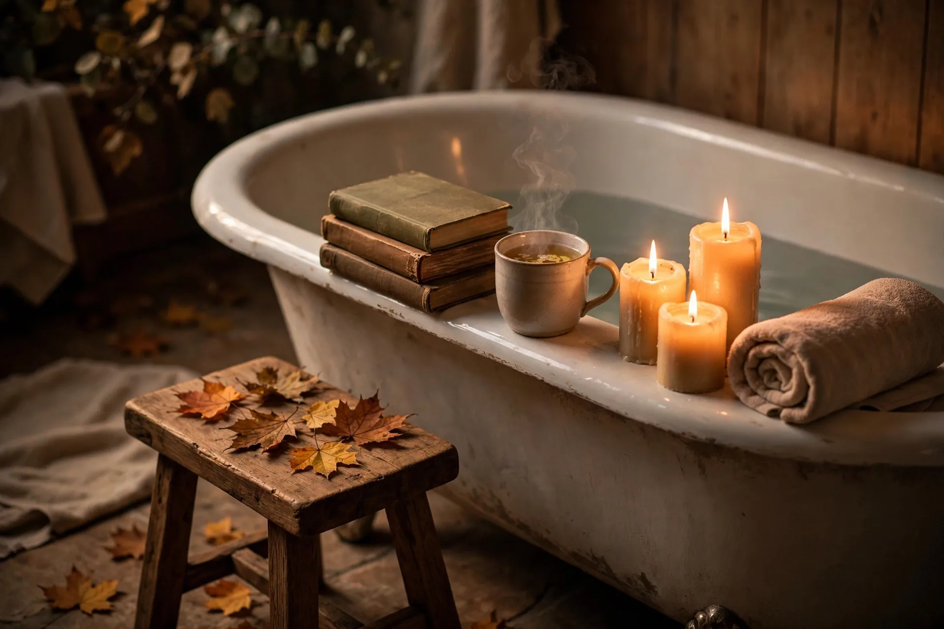 Candlelit bath with books, steaming tea, and lit candles — a cozy fall self-care ritual