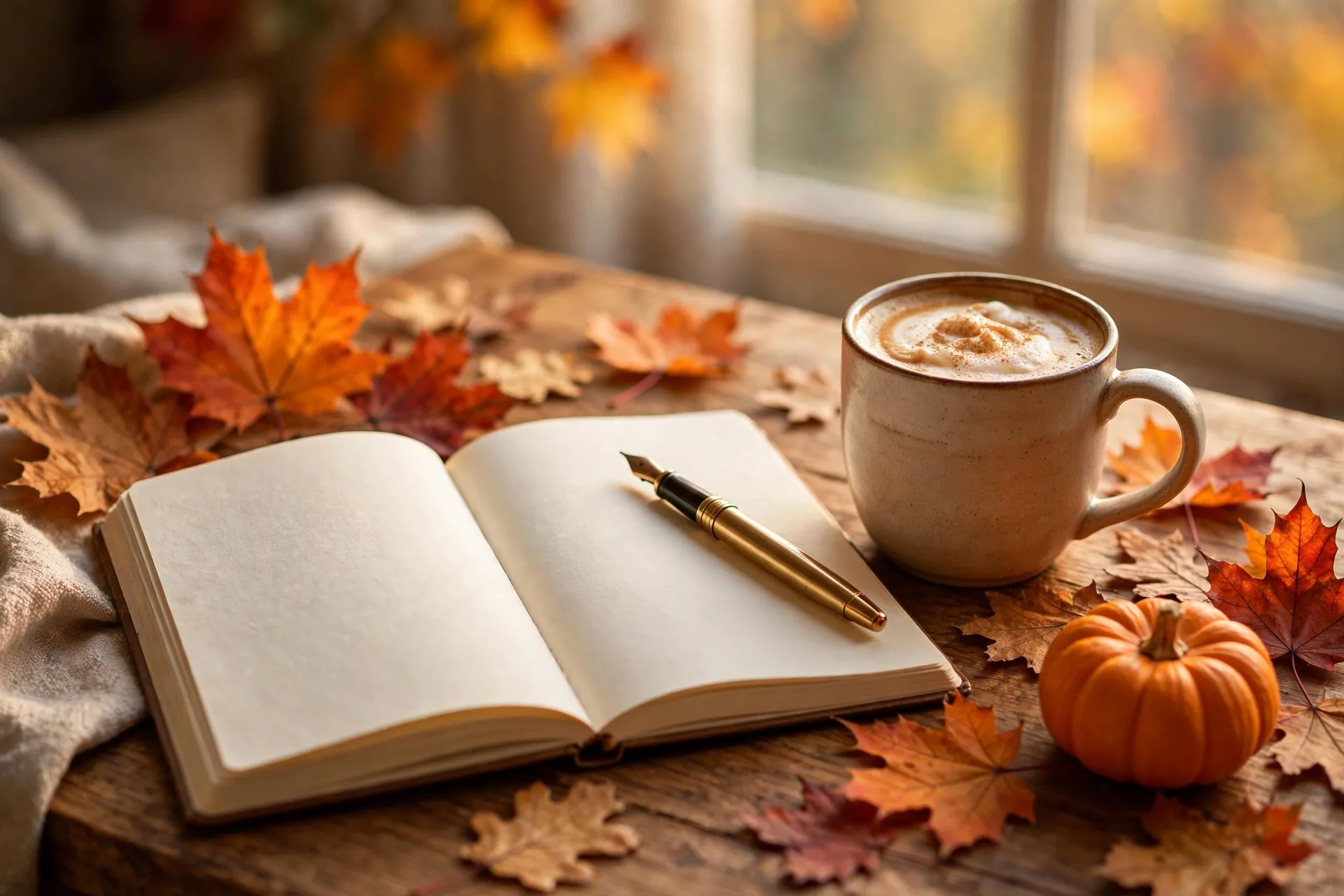 Open journal with fountain pen, pumpkin spice latte, and fall leaves on a desk — a cozy fall journaling ritual