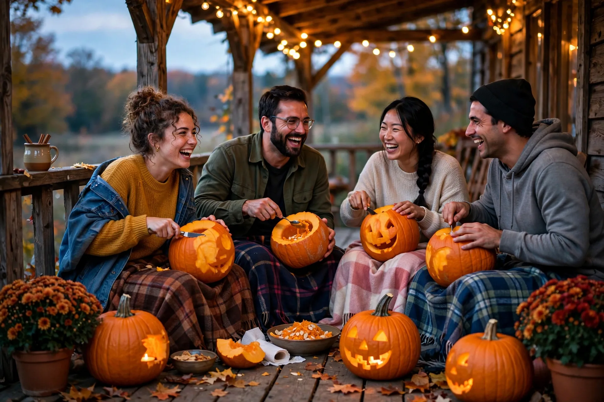 Friends carving pumpkins together on a porch at dusk