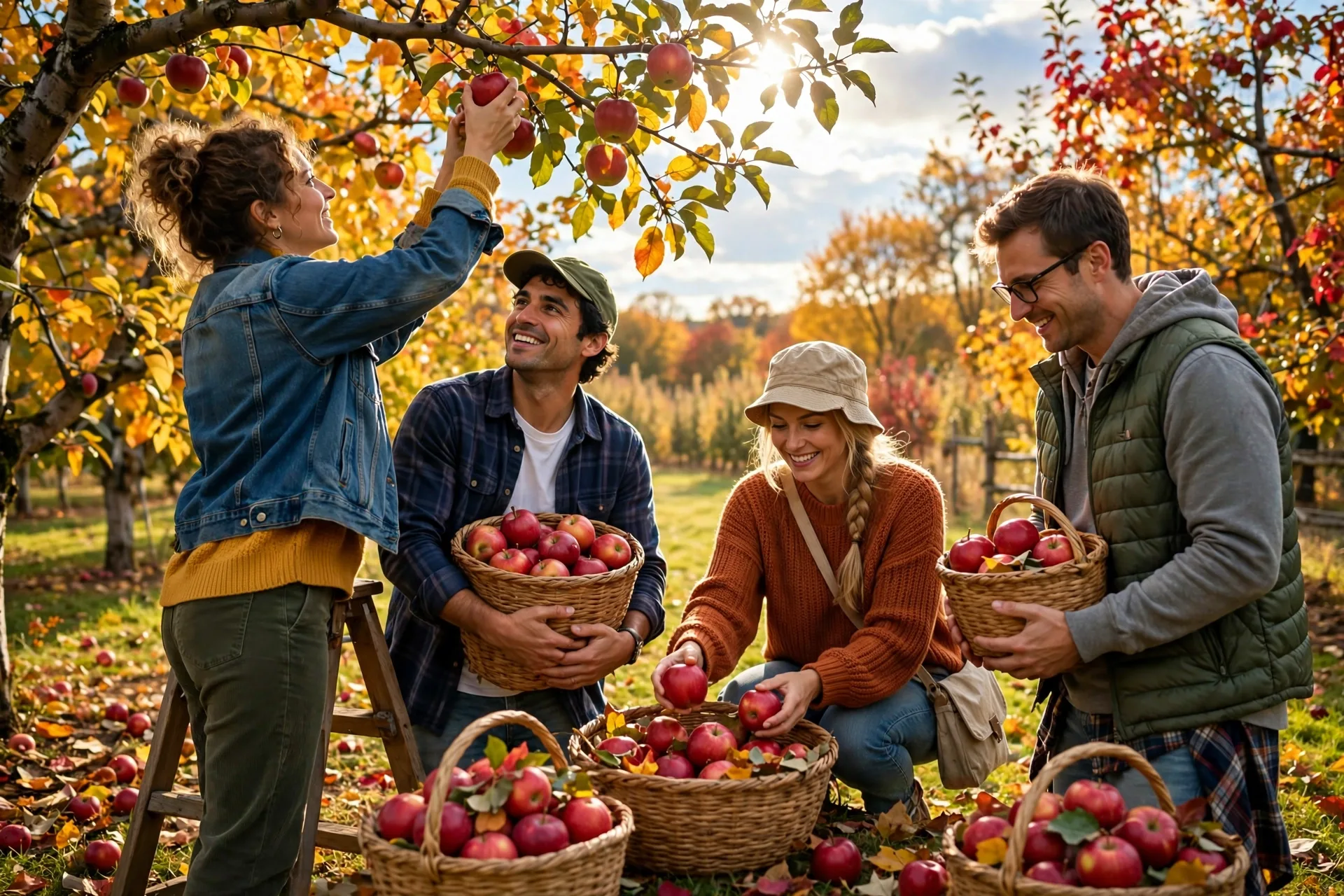 Friends picking apples in an orchard in fall