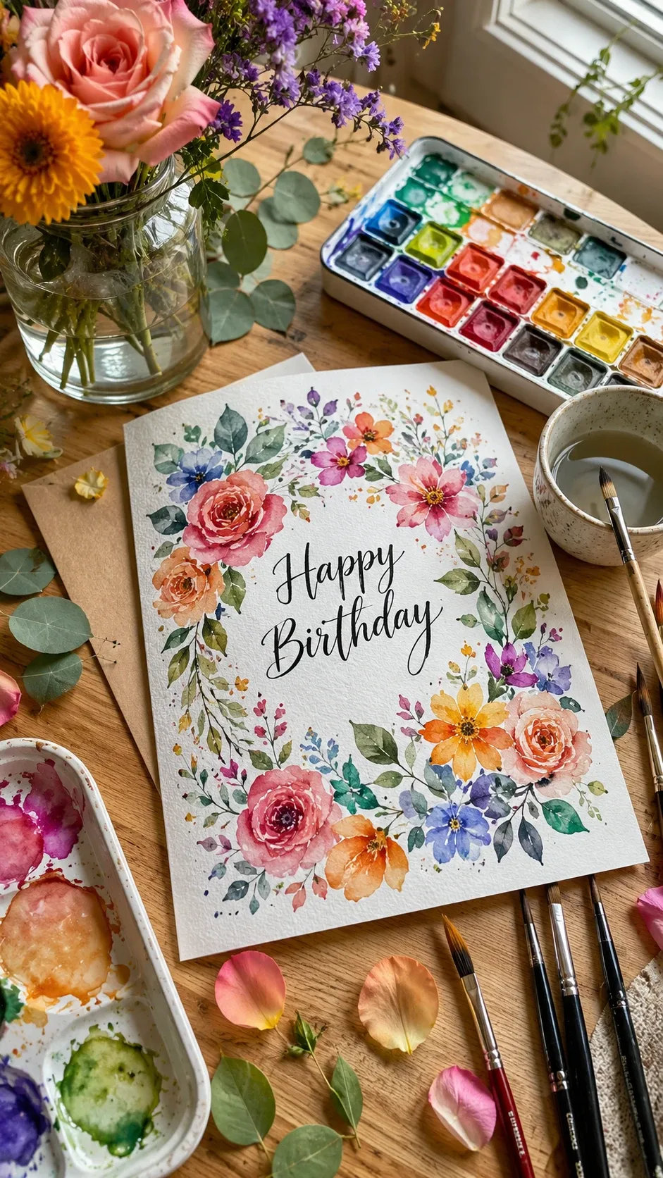Handmade floral watercolor birthday card with painted roses and Happy Birthday calligraphy