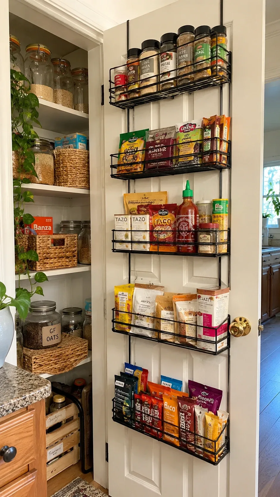 Over-the-door pantry rack holding spice jars, sauces, and snack packets beside organized pantry shelves