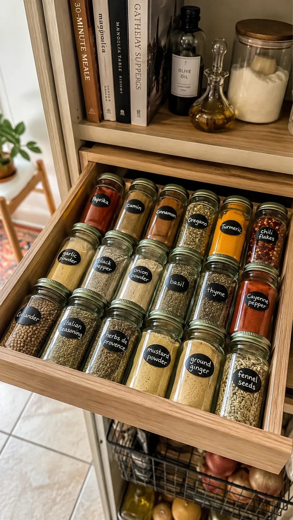 Shallow pantry drawer with labeled spice jars arranged in a single visible layer