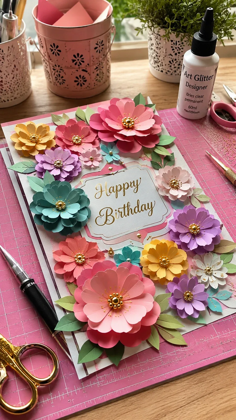 Handmade birthday card decorated with layered 3D paper flowers and Happy Birthday sentiment