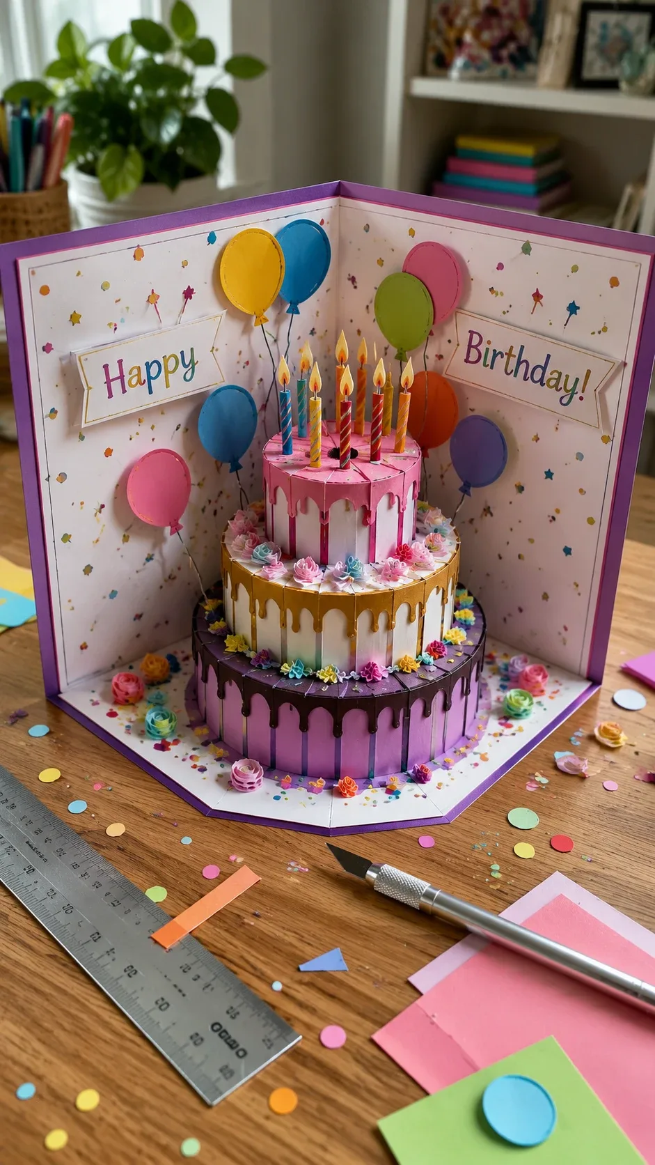 Handmade pop-up birthday card with a 3D paper birthday cake, candles and balloons