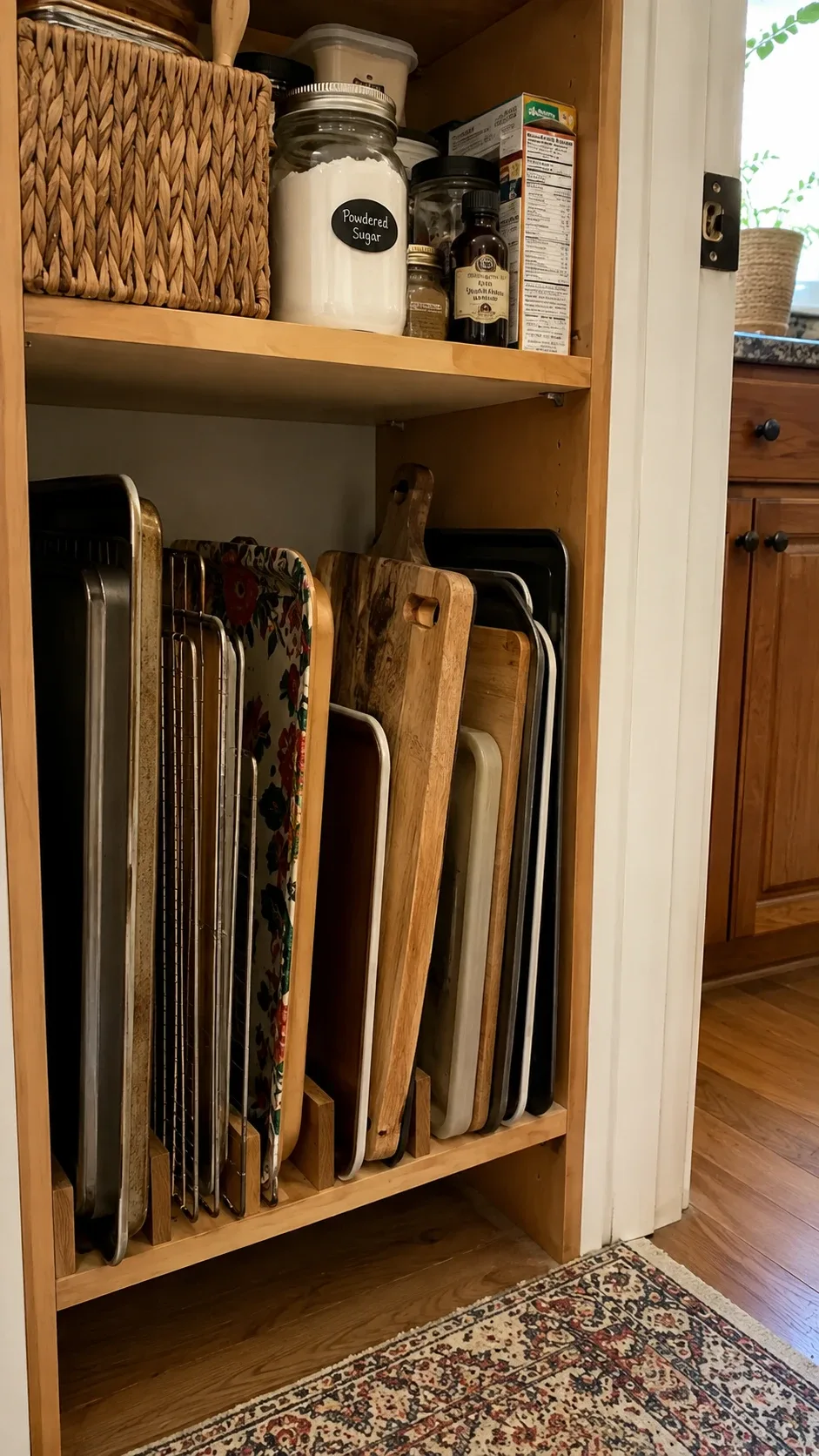 Baking sheets, cutting boards, and trays stored upright with vertical dividers in a pantry