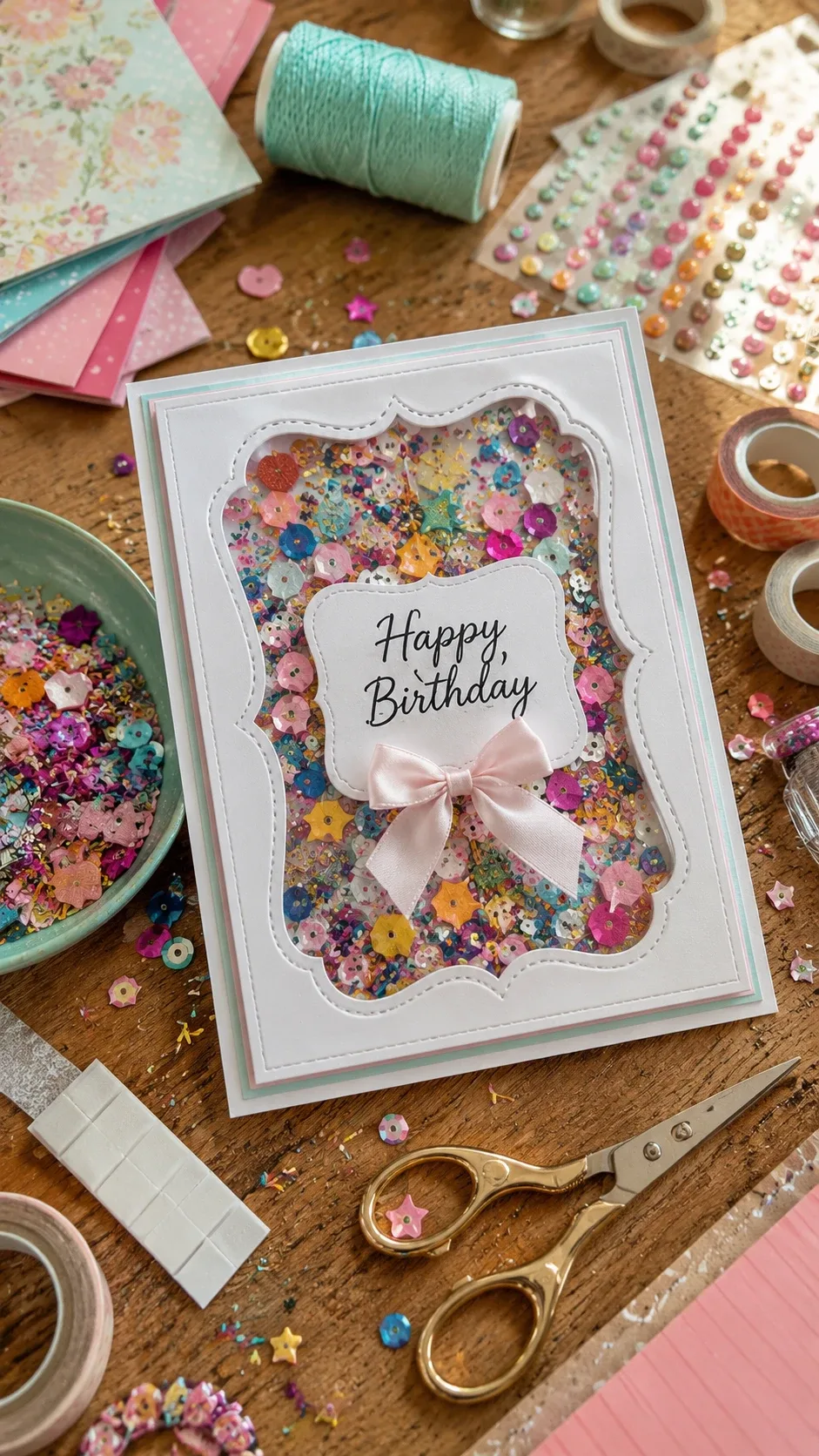 Handmade confetti shaker birthday card with colorful sequins behind a clear window