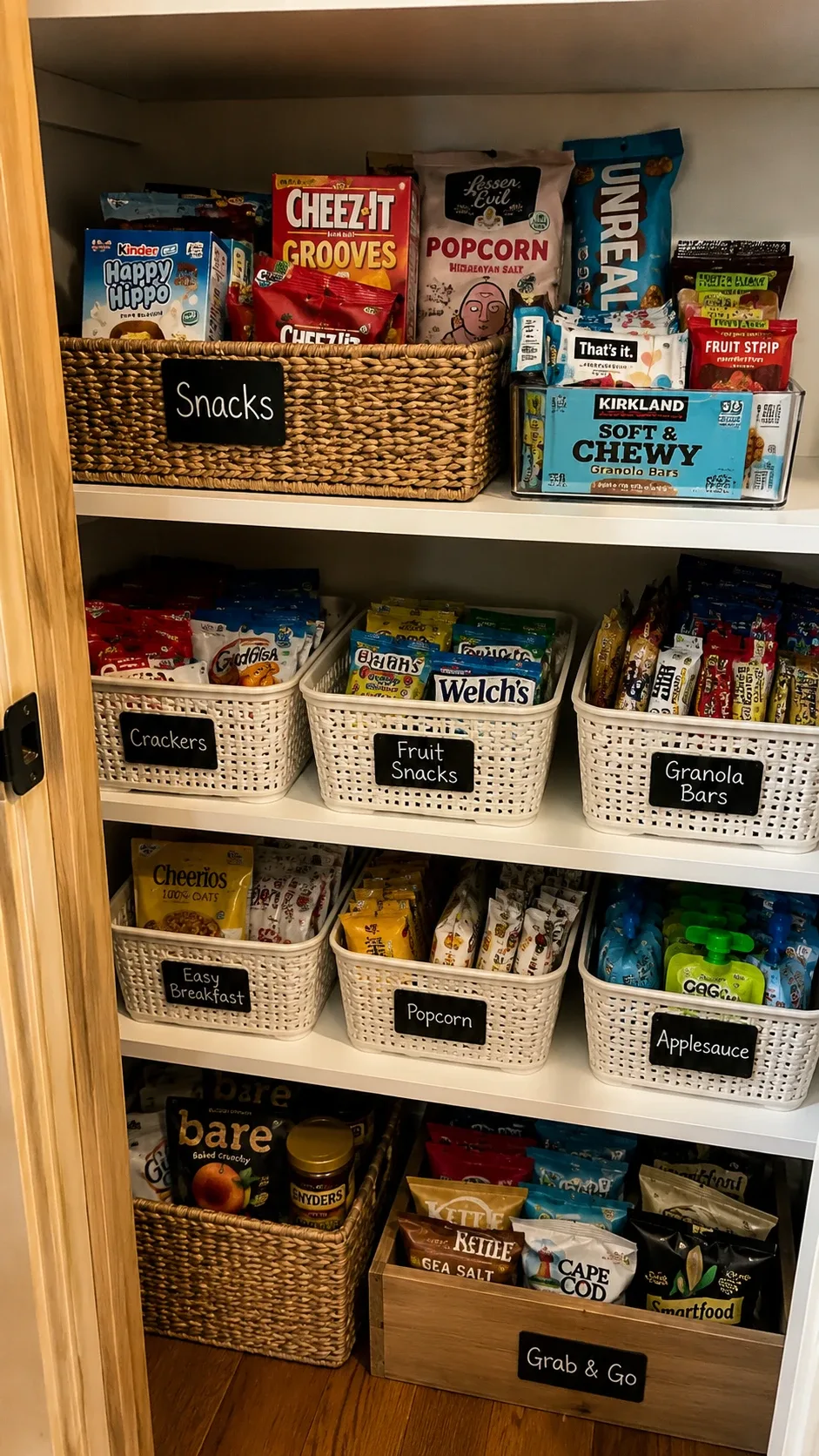 Labeled snack baskets in a small pantry with separate bins for snacks, crackers, and granola bars