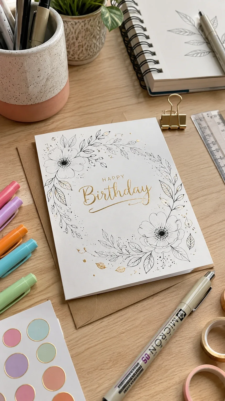 Minimalist handmade birthday card with elegant line art flowers and gold Happy Birthday lettering