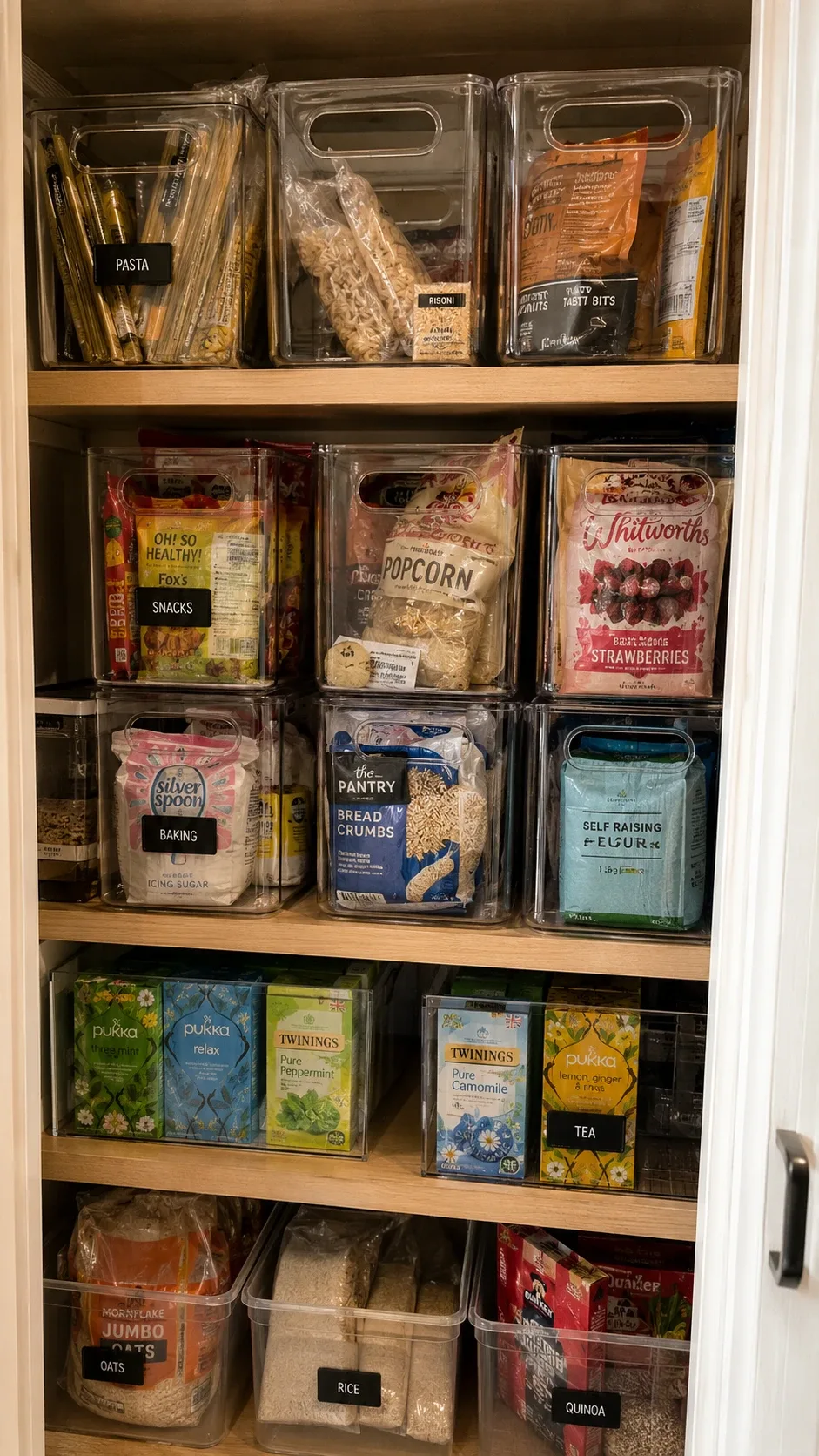 Clear labeled pantry containers for pasta, rice, oats, snacks, and baking supplies