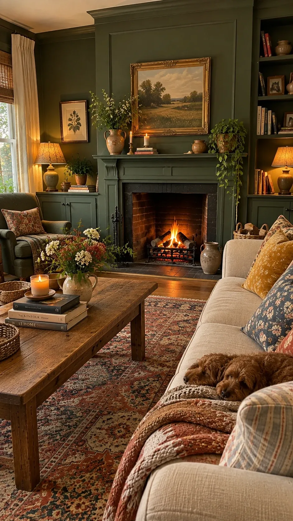 Dark green fireplace wall with a lit fire, cream sofa, and warm lamps in a cozy living room