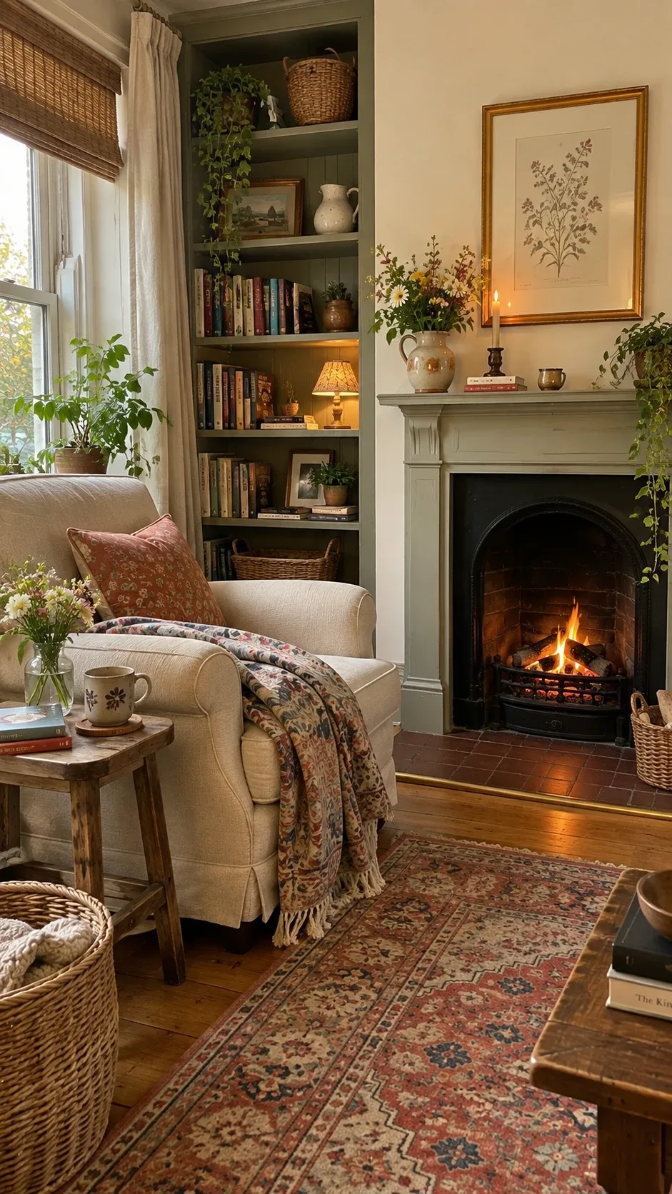 Small fireplace reading nook with an armchair, throw blanket, and built-in bookcase