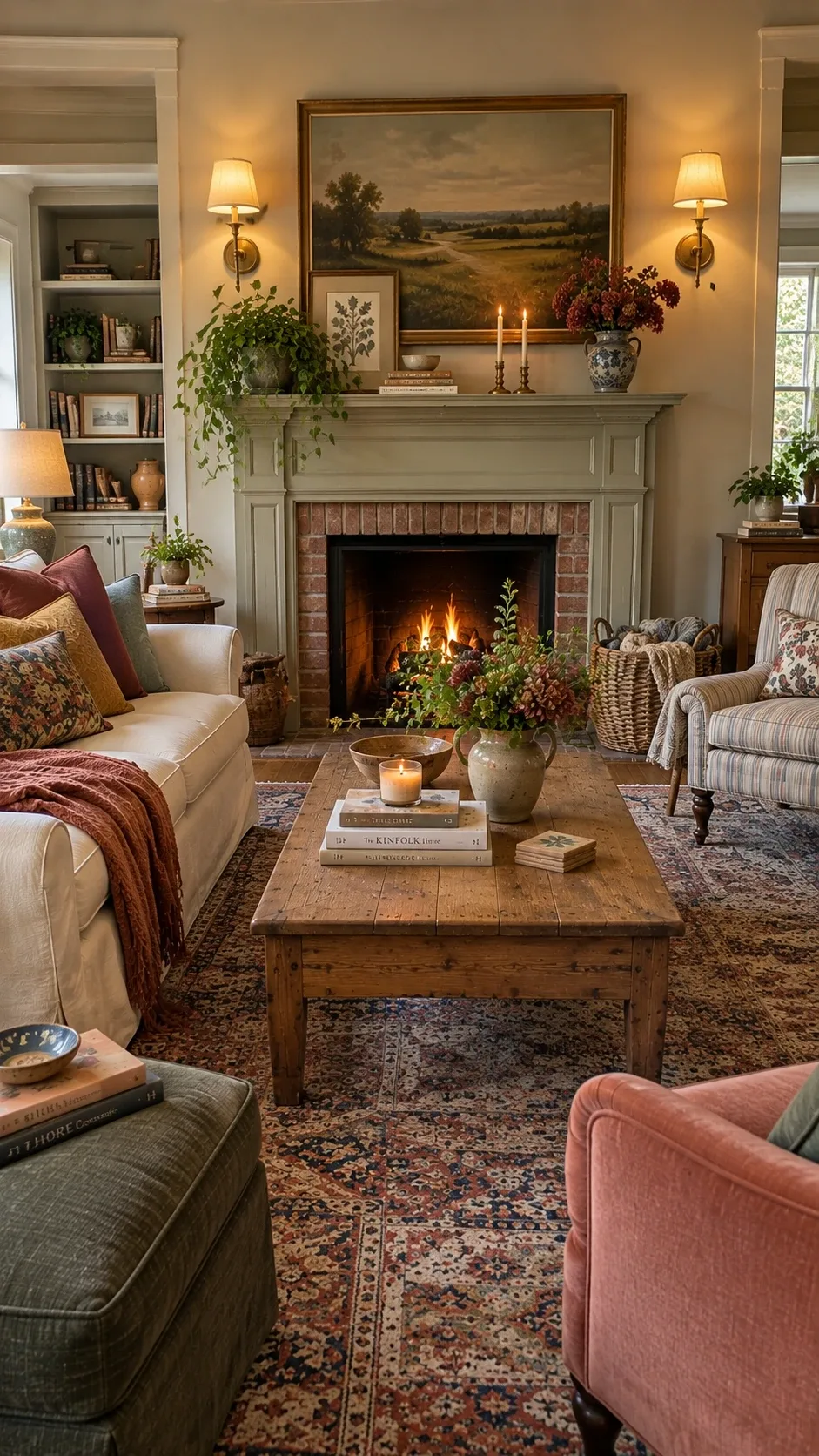 Fireplace mantel styled with a large framed landscape painting and matching wall sconces