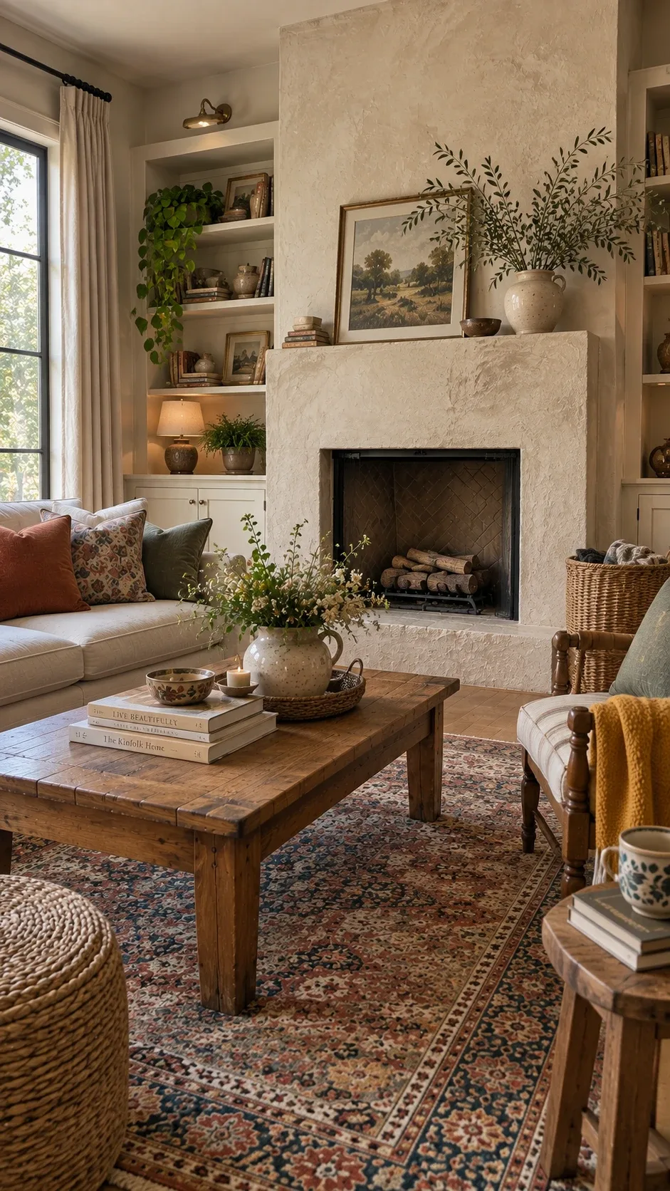Fireplace with a textured plaster surround, styled mantel, and wooden coffee table