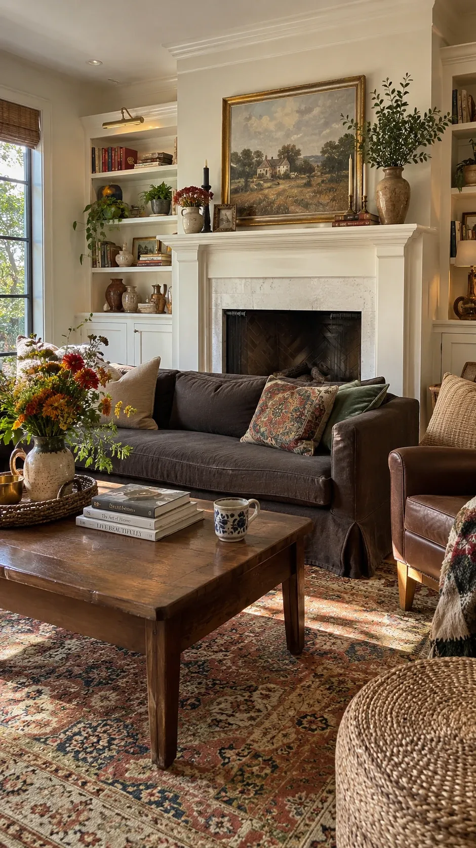 White fireplace mantel paired with a dark sofa and built-in bookshelves in a cozy living room