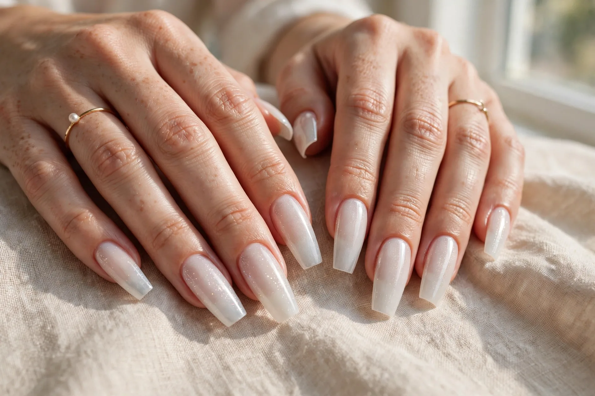 Finished set of nude-pink almond Gel-X nail extensions