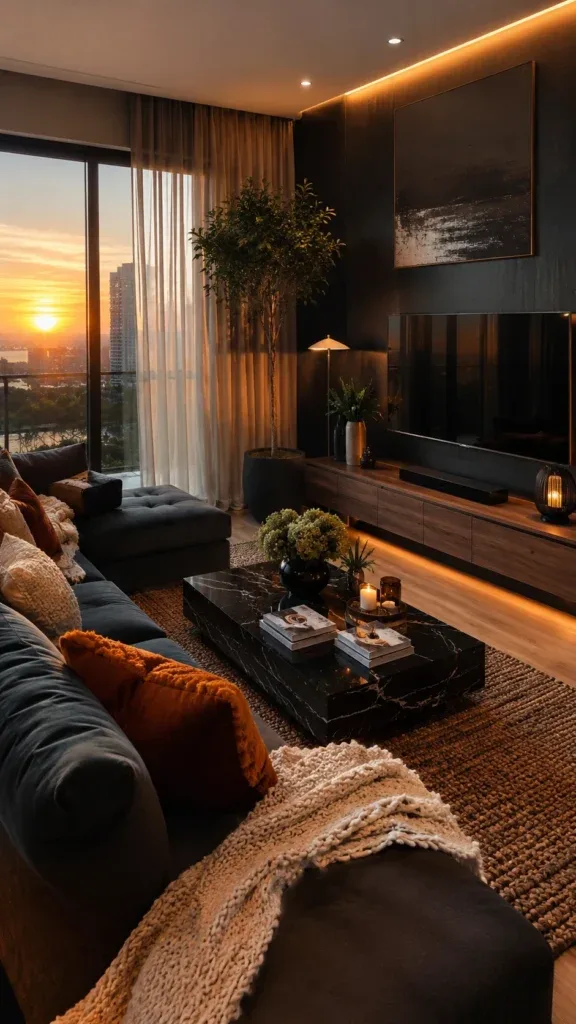 Moody modern living room with dark sofa, warm lamps and layered lighting at night