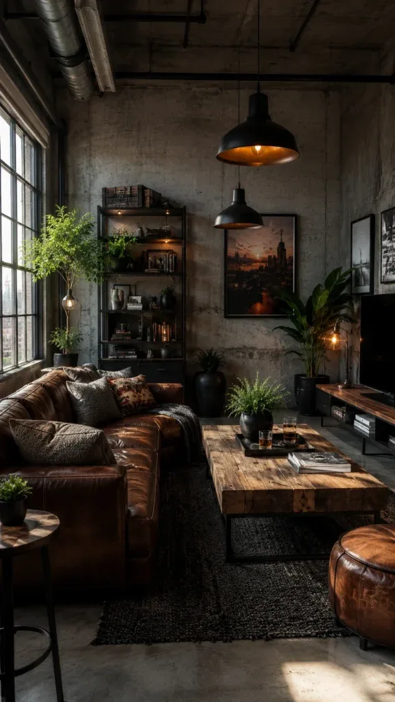 Industrial style apartment living room with leather sofa, black metal and warm lighting