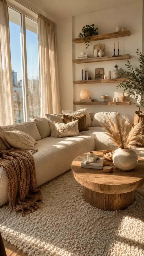Cozy neutral living room with layered textures, knit throw and wooden furniture