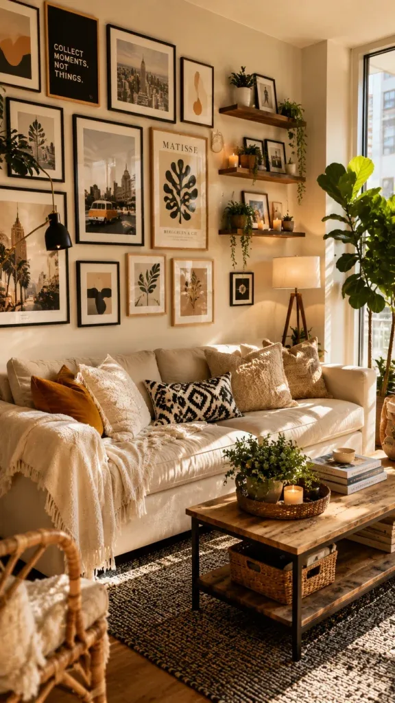 Gallery wall of framed art prints above a cream sofa in a bright apartment