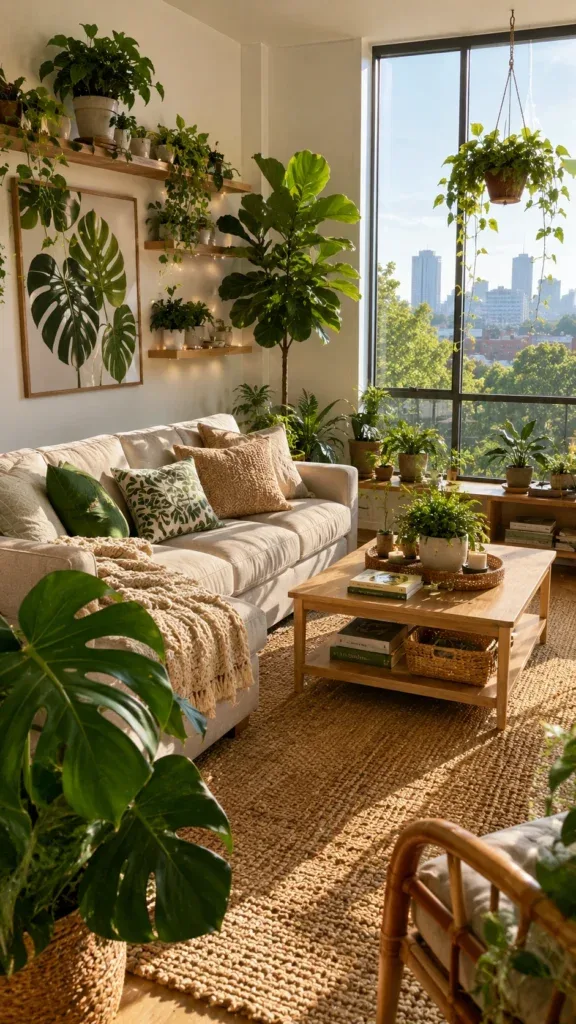Apartment living room filled with houseplants at different heights in matching pots