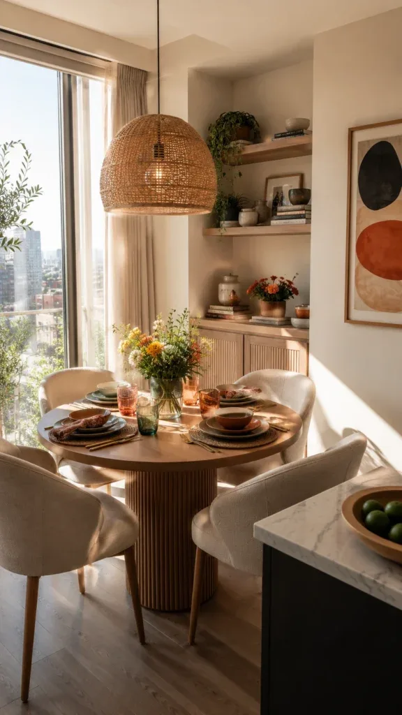 Small apartment dining area with round wooden table and rattan pendant light
