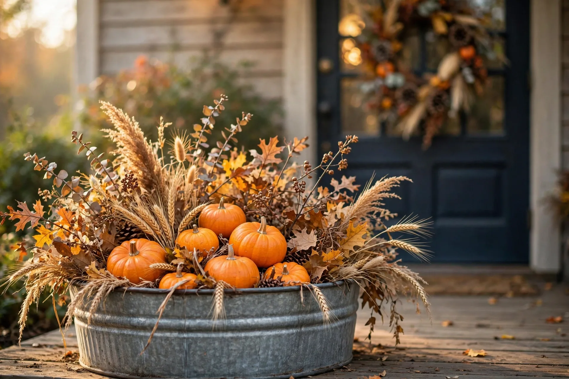 Galvanized tub filled with pumpkins, dried grasses and wheat stems as a fall harvest planter on a porch