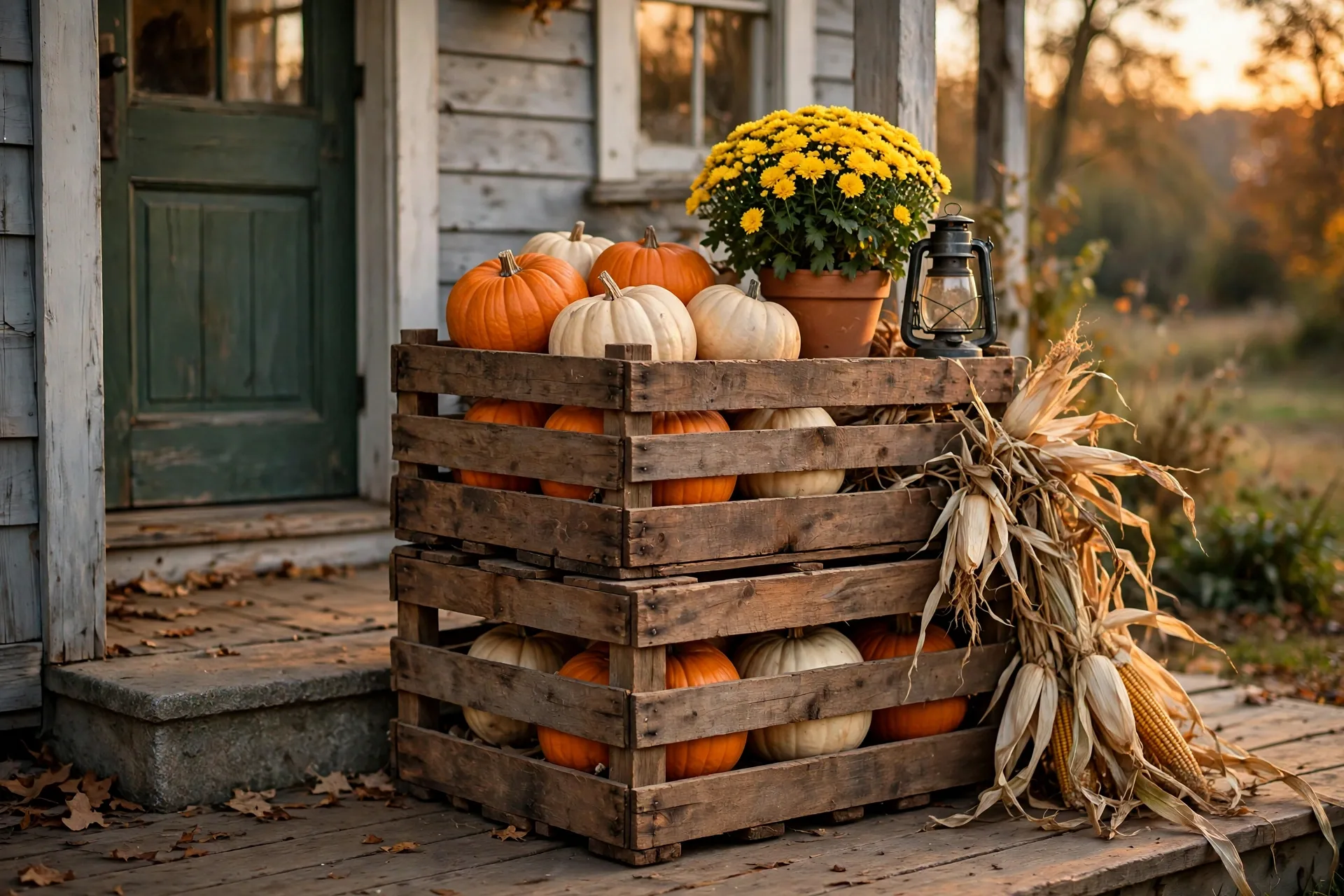 Stacked wooden crates decorated with mums, lantern and pumpkins for fall porch height