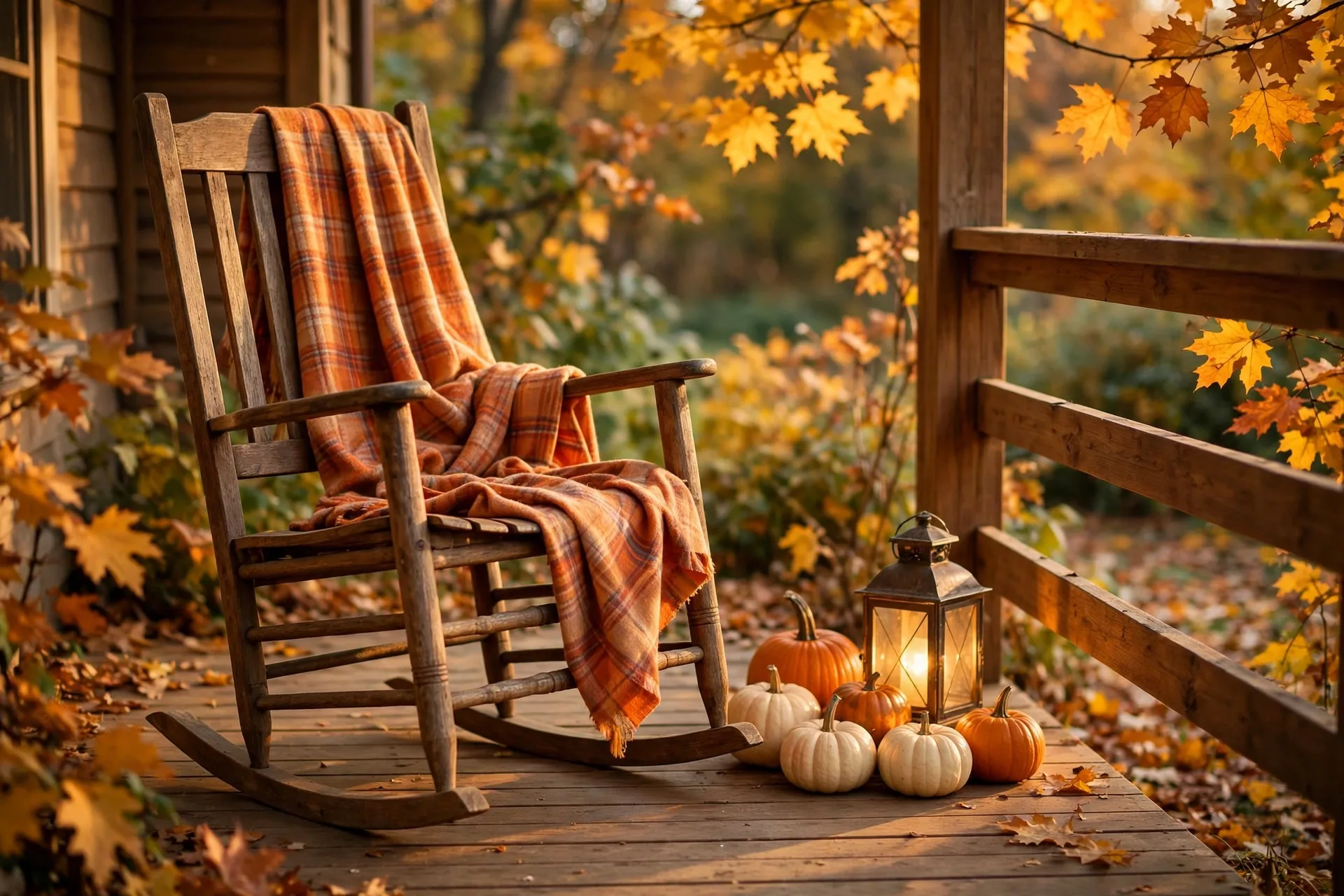 Cozy porch sitting corner with rocking chair draped in an orange plaid throw