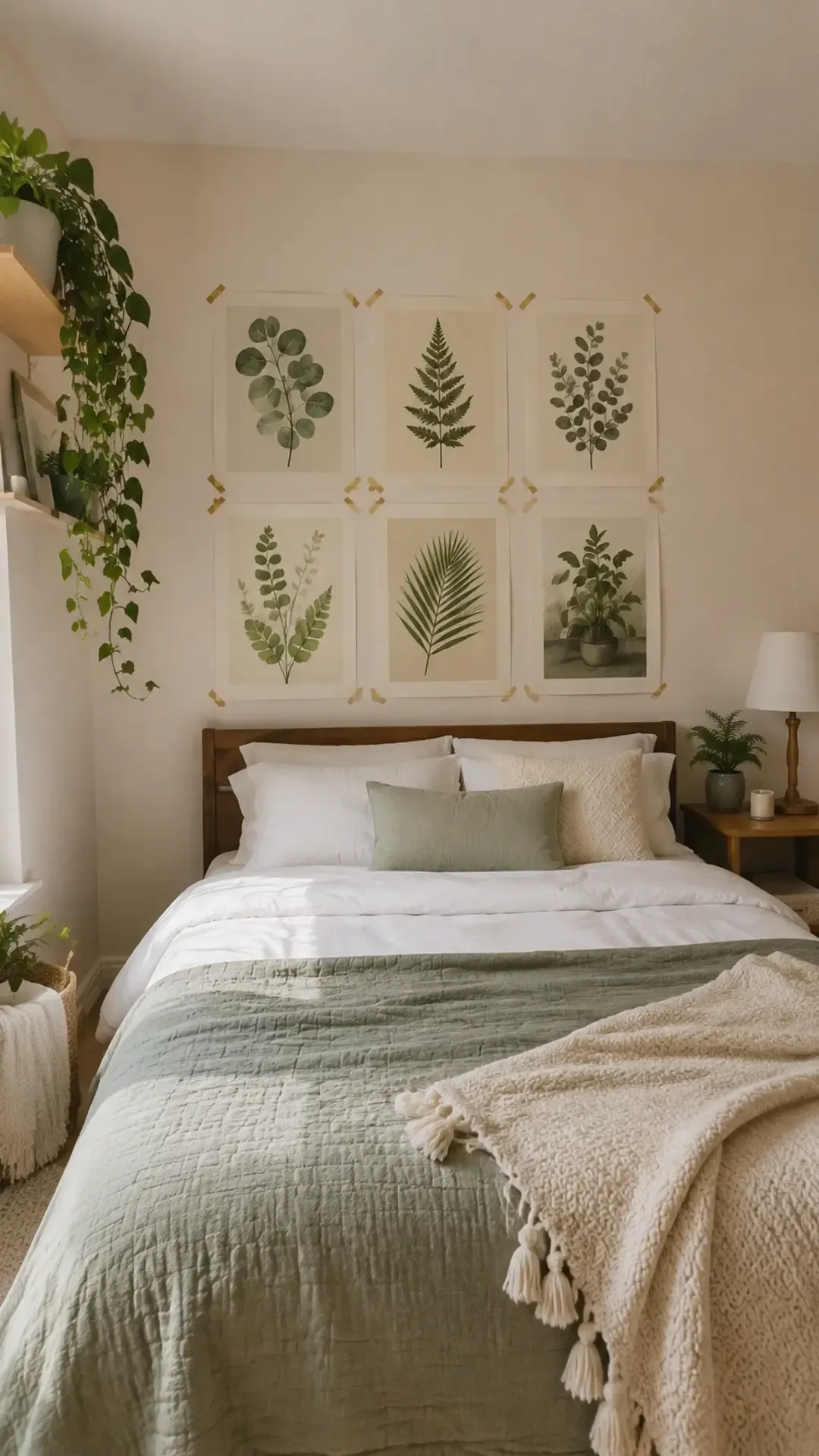 Soft botanical gallery wall with framed leaf prints above a dorm bed