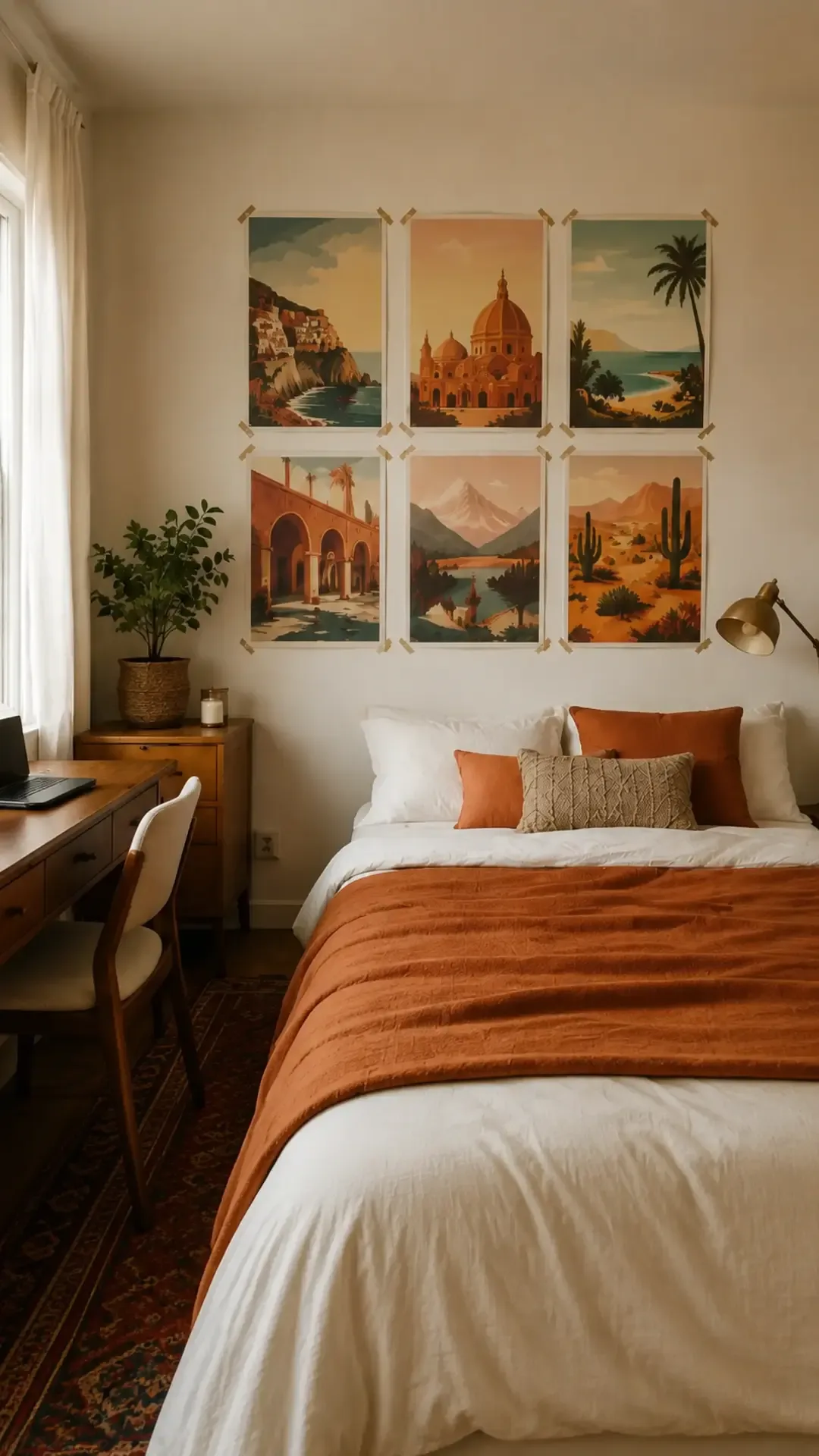 Retro travel poster set in vintage colors arranged over a dorm desk