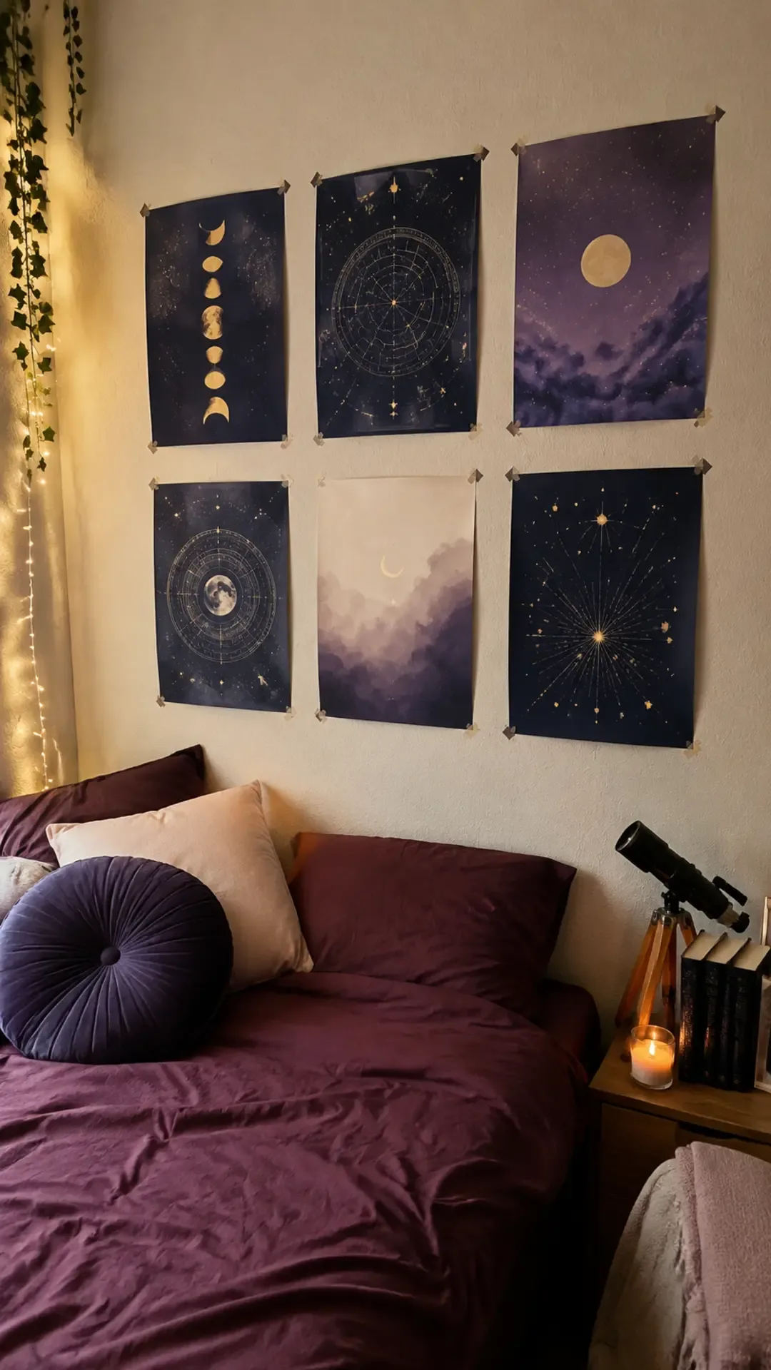 Celestial moon phase poster wall in navy and gold above a dorm bed