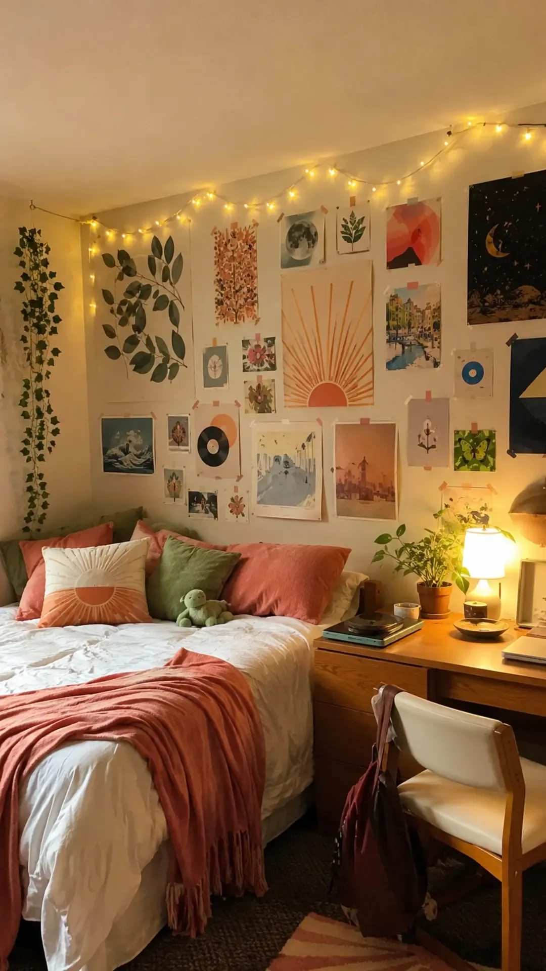 Eclectic mix-and-match poster wall with varied dorm wall decor prints