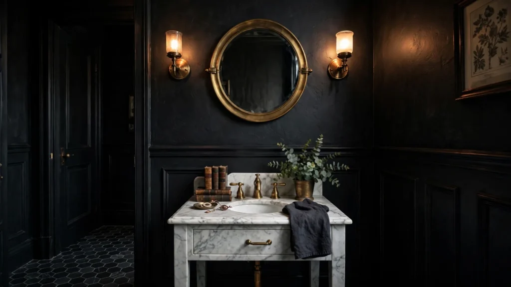 Dramatic moody half bathroom with dark walls and brass fixtures