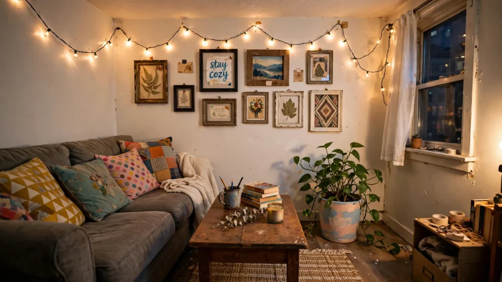 Tiny rental living room styled charming on a budget with thrifted decor