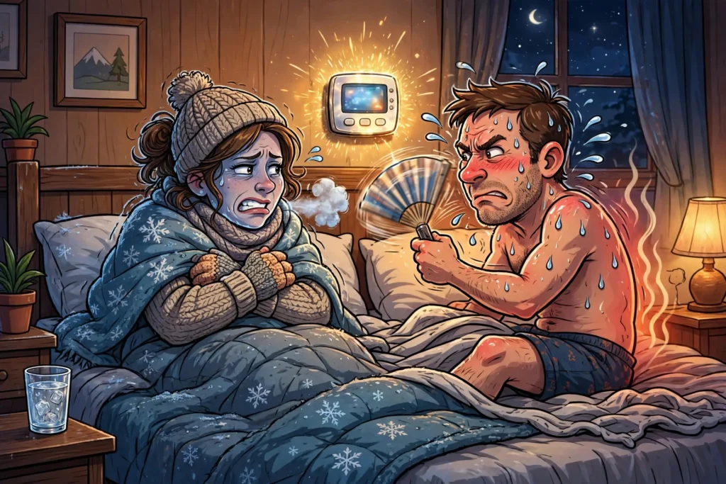 Funny illustration of a husband and wife fighting over the thermostat setting