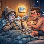Funny illustration of a husband and wife fighting over the thermostat setting