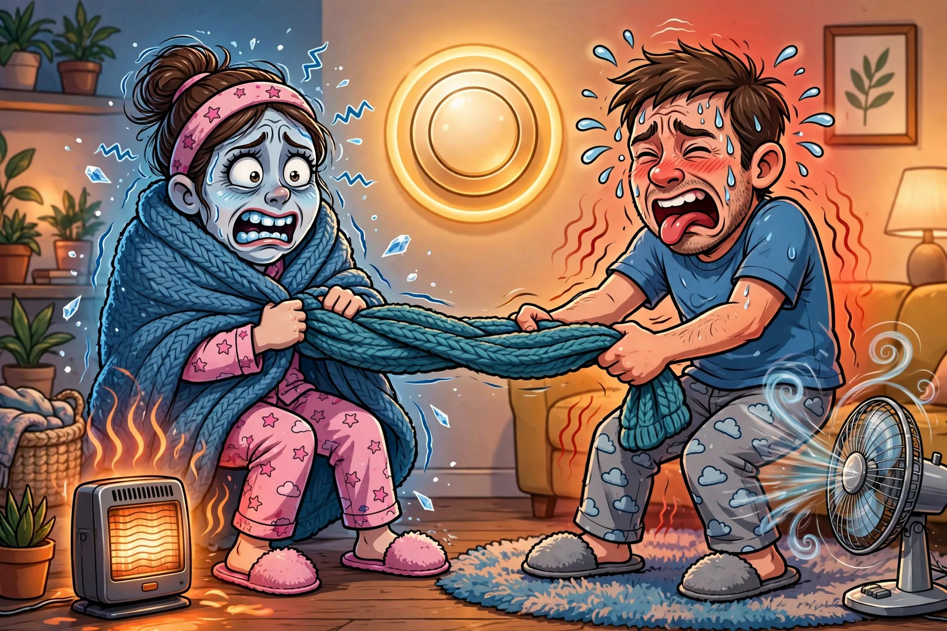 Funny thermostat wars meme about married couples fighting over the temperature